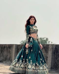 <b>Green</b> Embroidered Lehenga Choli Set Vintage Ethnic Women Dress with <b>Net</b> Dupatta for Wedding Party Winter Wear - Product Image 3
