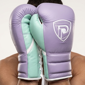 Dumela Purple and Mint Leather Boxing Gloves with <b>White</b> <b>Laces</b> and Logo Design - Product Image 2