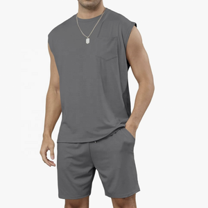 High Street Plus Size Men's 2-Piece Summer Tracksuit <b>Set</b> 100% Cotton Terry Fabric Sleeveless T-Shirt & Tank Top Short <b>Sets</b> - Product Image 1