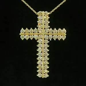 3Ct Round Cut Real Moissanite <b>Cross</b> Charm Women's <b>Sterling</b> <b>Silver</b> 14K Yellow Gold Plated <b>Pendant</b> - Product Image 3