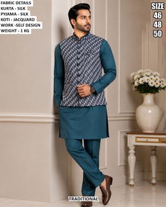 Zayaan Festive Wedding Party Diwali Silk Traditional Floor-Length Regular Fit Quick Dry <b>Men's</b> <b>Kurta</b> - Product Image 5