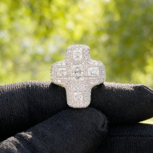 925 Sterling <b>Silver</b> Moissanite Diamond <b>Cross</b> Cocktail <b>Ring</b> Princess Cut Pave Setting Religious Christian Unisex Jewelry for Gift - Product Image 1