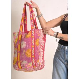 Bolso Tote de Algodón Kantha Hecho a Mano, Bolso de Hombro Abierto Acolchado Estilo Indio Vintage, Boho, para Verano, Otoño, Viajes, Compras, Playa - Product Image 1