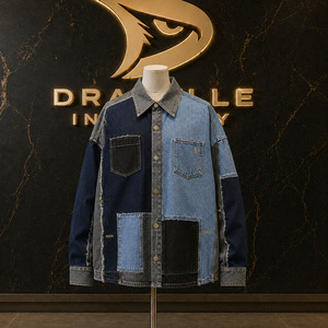 Camisa de Mezclilla Desestructurada con Parches Multi-Wash y Algodón Reciclado, Corte Holgado, Estilo Retro de los 90, Ropa Urbana de Skate - Product Image 1