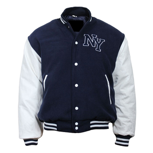 <b>Men's</b> Navy <b>White</b> Varsity <b>Jacket</b> Preppy Style Embroidered NY Logo Turn-down Collar Regular Fit Autumn Wear - Product Image 1