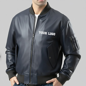 Men's PU Leather Bomber <b>Jacket</b> Solid Color Zipper Front Windproof Moto Biker Style Regular Fit Turn-down Collar - Product Image 4