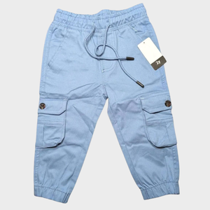 Pantalon cargo Oxford bleu clair pour homme, taille haute, devant plat, cordon de serrage, coupe ajustée décontractée, poches, respirant, en coton, pour l'automne - Product Image 6