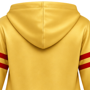 Sudadera con Capucha PDK Dorada y Roja para Mujer, Modelo 1923, con Capucha, Mangas con Rayas y Letras en Bloque, Diseño Gráfico Frontal - Product Image 6
