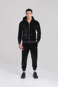 Survêtement à capuche en velours noir pour homme, fermeture éclair intégrale, poches latérales, vêtements décontractés d'hiver - Product Image 6