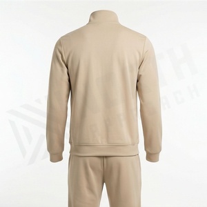 Survêtement beige pour homme avec fermeture éclair intégrale, col montant et poches latérales, vêtements de sport décontractés, tenue d'automne, coupe classique, couleur unie - Product Image 2