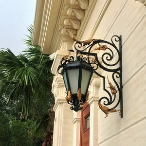 Traditional <b>Iron</b> Design Wall Lamp Gold Accents Glass Shade E26 Bulb Base Outdoor LED Lighting Custom Base 3500K Warm - Product Image 2