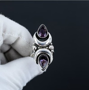 Anillo de Boda de Amatista Doble Natural al por Mayor, Plata de Ley 925, Hecho a Mano, con Dos Piedras de Amatista en Forma de Luna Creciente - Product Image 4