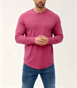 Men's Long Sleeve O-Neck T-Shirt Solid Pink Regular Fit Casual Knitted Jersey 100% Cotton Breathable Quick Dry 180g - Product Image 5