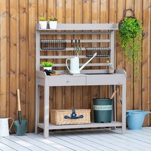 Grey Garden Potting Bench <b>Table</b> with Removable Sink Hooks Baskets and Metal Sieve Screen-for Outdoor <b>Plant</b> Care - Product Image 2