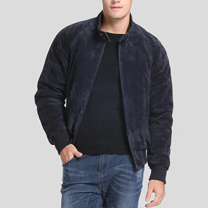 Blouson en daim bleu marine pour homme, col montant, style bomber, en daim de chèvre souple de luxe, coupe ajustée, vêtement d'extérieur décontracté - Product Image 1