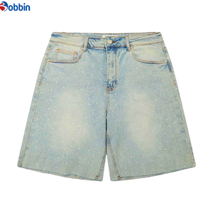 Custom Breathable Knitted Straight Mid Waist Summer Hip Hop Rhinestone Denim Shorts <b>Men</b> Stylish Premium Eco-Friendly Streetwear - Product Image 3