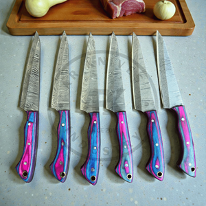Ensemble de 6 couteaux à steak de chef en acier Damas faits à la main, style vintage, ambidextres, écologiques, vente en gros OEM - Product Image 5