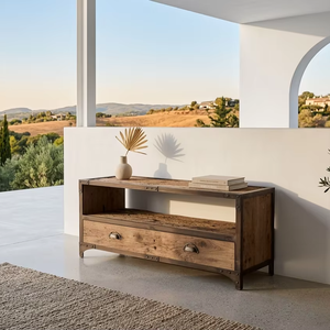 Mueble para TV Quini de Madera de Teca Maciza con Estructura de Acero, Estilo Rústico Industrial, Ecológico y Duradero, Consola de Entretenimiento para Sala de Estar - Product Image 2