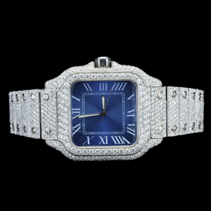 Montre de luxe en argent sterling 925, style hip-hop, entièrement sertie de moissanite, cadran carré bleu, entièrement incrustée de diamants - Product Image 2