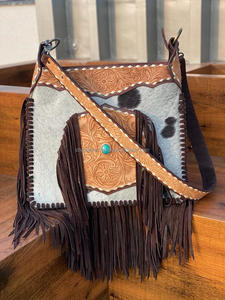 New Western Stylish Hand Tooled Cowhide Fur Leather <b>Fringe</b> Bag Fashionable High Quality Women Unique Stone Concealed Carry Purse - Product Image 4