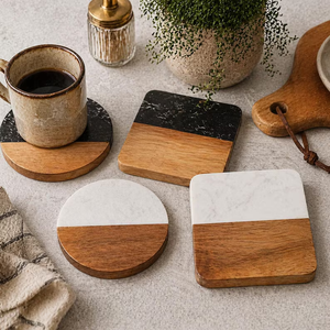 Posavasos Hechos a Mano de Madera y Mármol, Juego de 4 Posavasos Geométricos Modernos, Posavasos para Bebidas de Madera Natural y Mármol - Product Image 3