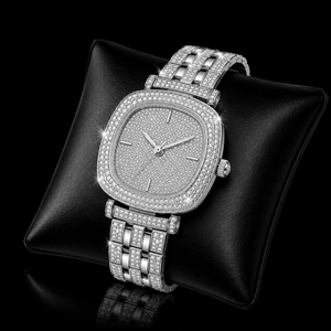 Elegante Reloj de Mujer con Esfera Cuadrada Plateada y Cristales, Correa de Brazalete con Bisel de Cristal Pavé y Visualización Minimalista con Marcadores - Product Image 3