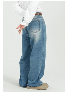 Jeans personnalisés en gros pour femmes, style streetwear hip-hop, ourlet brut, coupe ample, délavé soleil, bleu foncé, jambe large, vintage, 100% coton - Product Image 5