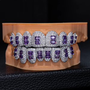 Éblouissant violet émeraude coupe glacé Hiphop personnalisé Grillz pour les dents 925 argent Sterling Buss Down Moissanite Grillz - Product Image 1