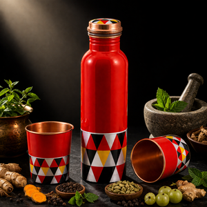 Red Geometric Pattern Copper Water Bottle with 2 Copper Tumblers Eco Friendly Customizable Modern Portable Drinkware Set - Product Image 2
