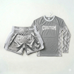 Ensemble short et rashguard personnalisé Muay Thai, short de compression BJJ par sublimation OEM, vêtements de grappling MMA pour la gym, fournisseur en gros à faible MOQ - Product Image 1