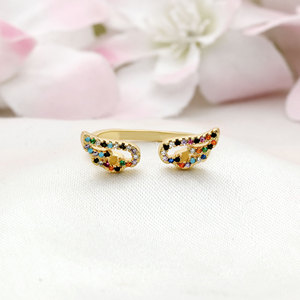 14K Gold Plated 925 Sterling <b>Silver</b> <b>Adjustable</b> Angel Wings <b>Ring</b> Multicolor CZ Stones Pave Setting for Women-Wedding Gift - Product Image 1