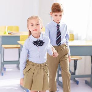 Conjunto de Uniforme Escolar Primario, Camisa Oxford Azul de Poliéster/Algodón con Corbata, Pantalones Caqui y Falda para Niños Unisex - Product Image 3