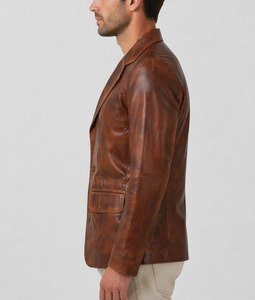 Icon by Gilani Men’s Brown Vintage Turn Down Collar <b>Button</b> Closure Leather <b>Blazer</b> - Product Image 3