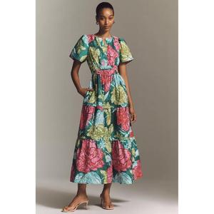 Robe midi décontractée multicolore à imprimé floral pour femme, col en V, manches courtes, respirante, coupe trapèze numérique, taille naturelle, qualité supérieure - Product Image 1