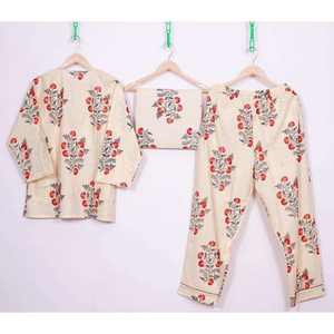 Ensemble de pyjama en satin de coton imprimé à la main pour femmes - Doux, respirant, col rabattu, manches longues, taille élastique, vêtements de nuit d'automne - Product Image 2