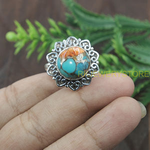 Natural Orange Blue Copper Turquoise 925 Sterling <b>Silver</b> Handmade Vintage Floral <b>Statement</b> <b>Ring</b> Boho Artisan Jewelry Gift women - Product Image 5