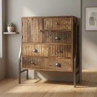 Commode industrielle à sept tiroirs en mosaïque, armoire de rangement en bois avec pieds métalliques, design de porte Shaker écologique pour mobilier rustique