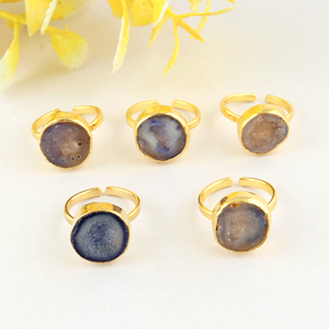 Brass 18k Gold Plated Natural Blue Druzy Agate Gemstone <b>Adjustable</b> <b>Rings</b> Minimalist Statement Unique Style Women Fashion Jewelry - Product Image 3