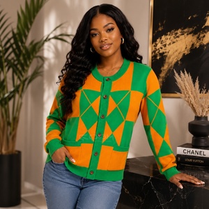 Cosh International Sisterhood Sorority Green <b>Orange</b> Geometric Knitted <b>Cardigan</b> <b>Women</b> Long Sleeve Casual Crew Neck Button Front - Product Image 4