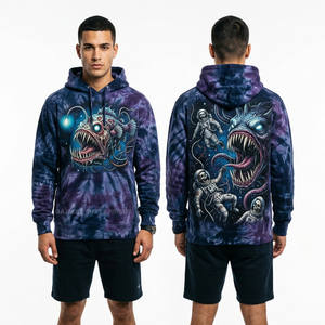Sudadera con capucha oversize personalizada de algodón grueso con estampado gráfico de pez pescador, estilo streetwear, con efecto tie-dye y lavado ácido. - Product Image 1
