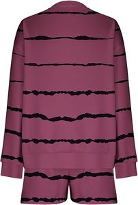 <b>Women's</b> Purple Striped Printed Knitted 2-Piece Knee <b>Shorts</b> Set Crew Neck <b>Long</b> Sleeve Loose Fit Casual Spring Summer Cotton Daily - Product Image 5