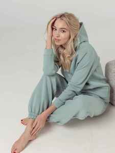 Custom Womens Winter Solid Sage Green Short Tracksuit <b>Set</b> Pullover Hoodie <b>Jogger</b> Pants Casual Sportswear Two Piece <b>Matching</b> - Product Image 2
