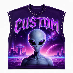 Camiseta sin mangas con estampado gráfico DTG personalizado, con pedrería, estilo urbano, unisex, a la moda, OEM, al por mayor - Product Image 1