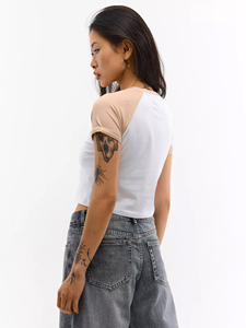 New Cropped Tee Shirt With Contrast <b>Stitching</b> Custom Printed Logo T-shirt Women Crop <b>Top</b> Baby Tshirt - Product Image 3
