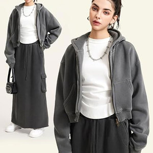 <b>Women</b>’s Cropped Zip Up Hoodie Acid Wash Fleece Sweatshirt, Vintage Distressed Washed Hooded <b>Jackets</b> Embroidery DTG DTF Printing - Product Image 3