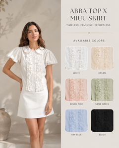 Conjunto de Dos Piezas de Última Moda para Mujer, Blanco, 100% Algodón Tejido, Blusa Holgada con Cuello Peter Pan y Volantes Delanteros, y Minifalda - Product Image 6