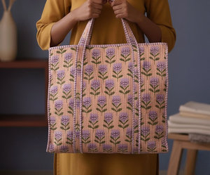 Quilted Cotton Tote <b>Bag</b>, Botanical Floral Print, <b>Boho</b> Market Shopper Shoulder <b>Bag</b> - Product Image 2