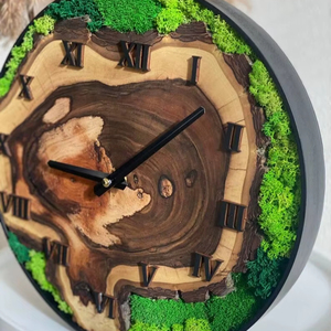 Luxury Biophilic Wall Clock Live Edge Olive Wood with Preserved Green Moss Art Silent Nature Inspired Clock for Modern Office - Product Image 1