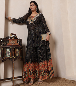 DEEBACO Women's Casual Bandhani Print Pure Viscose Chinnon Regular Crop Top Tunic Sharara Cord <b>Set</b> Women Fashion Western - Product Image 1