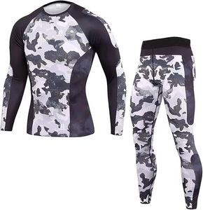Conjunto de compresión negro para hombre, manga larga, cuello redondo, secado rápido, estampado con patrón animal, camiseta de manga larga y pantalones para todas las estaciones - Product Image 5